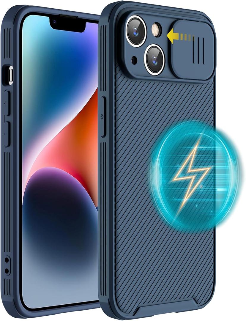 Hitaoyou for iPhone 15 Case Compatible with Magsafe, iPhone 15 Camera Protection Case [Support Wireless Charging] with Slide Lens Cover, Slim Magnetic Case for iPhone 15 6.1" Blue