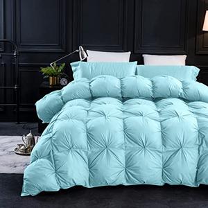 Three Geese Pinch Pleat Waterfowl Feathers and Down Comforter Queen Size Duvet Insert,750+ Fill Power,1200TC 100% Cotton, Premium All Seasons Aqua-Sky Warm Hotel Comforter with 8 Tabs.