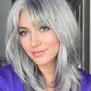 TISHINING Grey Wigs for White Women Medium Length Layered Silver Gray Wavy Wig with Bangs Natural Looking Heat Synthetic Side Part Salt and Pepper Wigs for Women