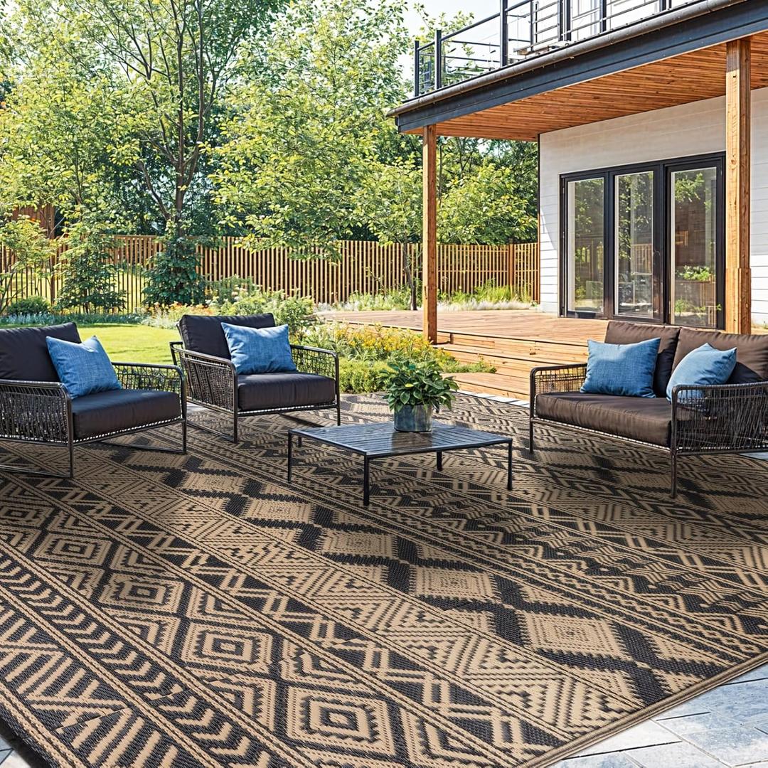Waterproof Outdoor Rug 8x10 ft, Reversible Plastic Straw Patio Camping Rugs, Outdoor Indoor RV Mat Carpet for Patio, Outside Entry, Backyard, Deck, Bench, Picnic, Camper(8x10,Black&Brown)