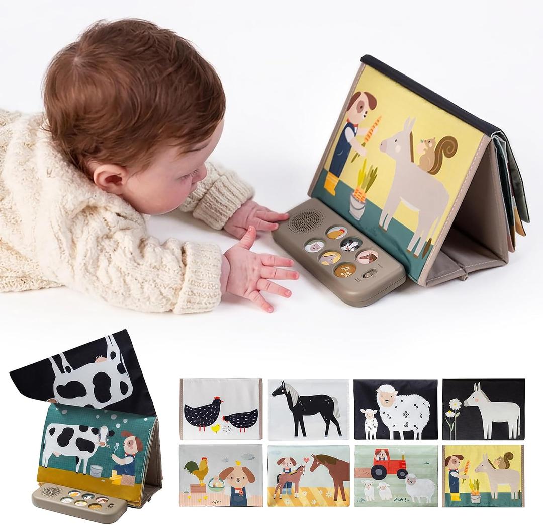 Taf Toys Musical Tummy Time Book, High Contrast Baby Books for Newborn 0-6 Months with Classical Melodies, Interactive Animal Sounds, Black & White Sensory Soft Montessori Toy for Infant, Medium