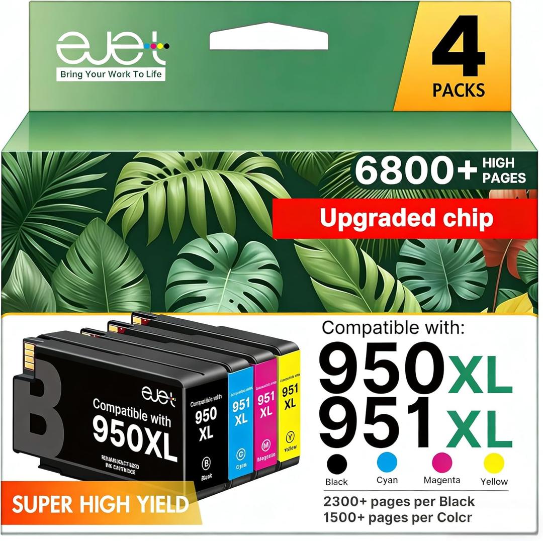 ejet 950XL and 951XL Ink Cartridges Combo Pack Replacement for HP 950 951 Ink Cartridges Combo Pack Use for OfficeJet Pro 8600 8610 8615 8620 8625 8100 8630 8660 276DW 251DW, Black Cyan Magenta Yellow