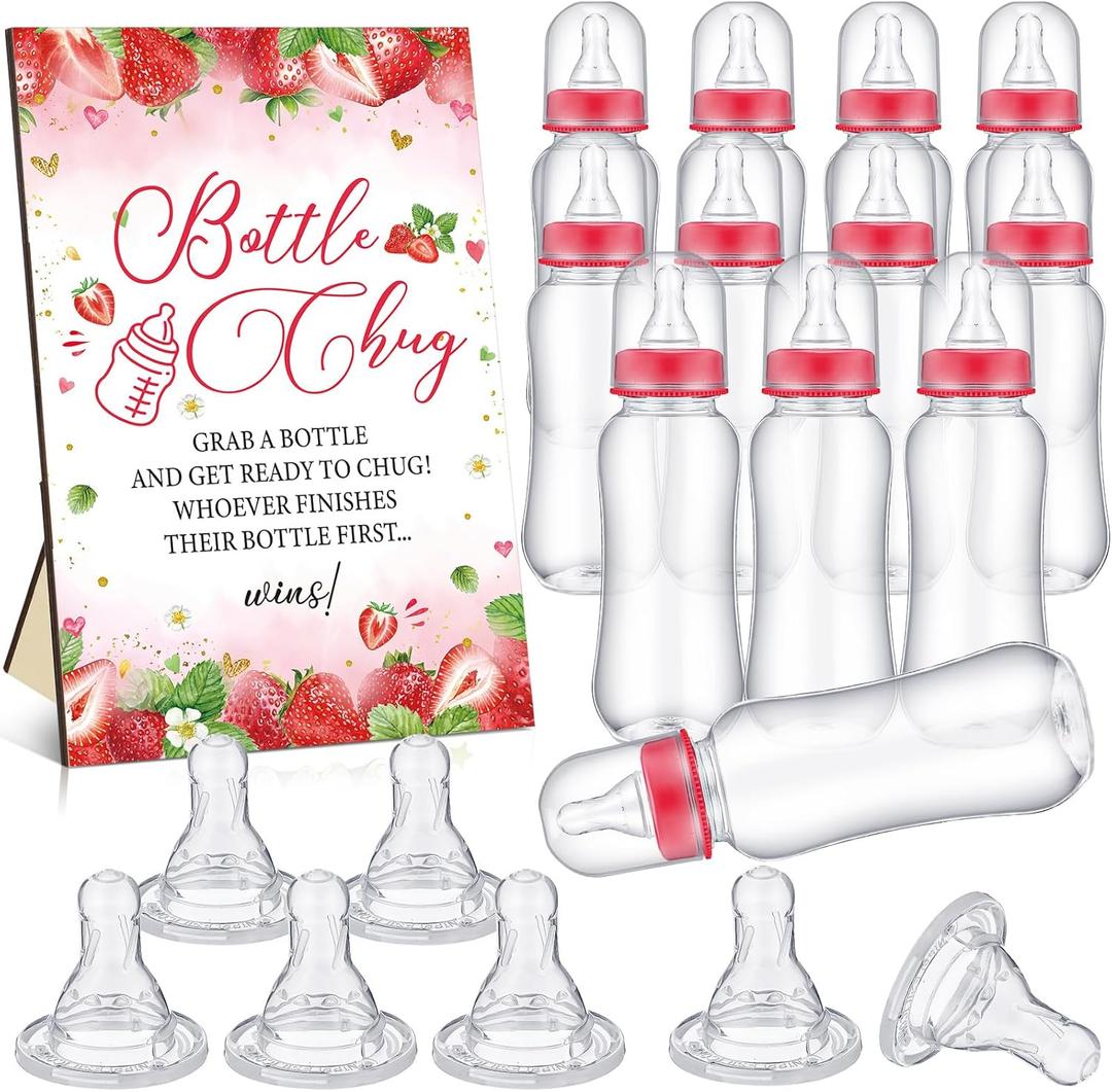 TrelaCo Cool Baby Shower Games Wooden Bottle Chug Sign Strawberry Theme Gift Sets and 12 Pcs Baby Bottle Shower Favor for Rustic Kraft Games Gender Reveal (Red)