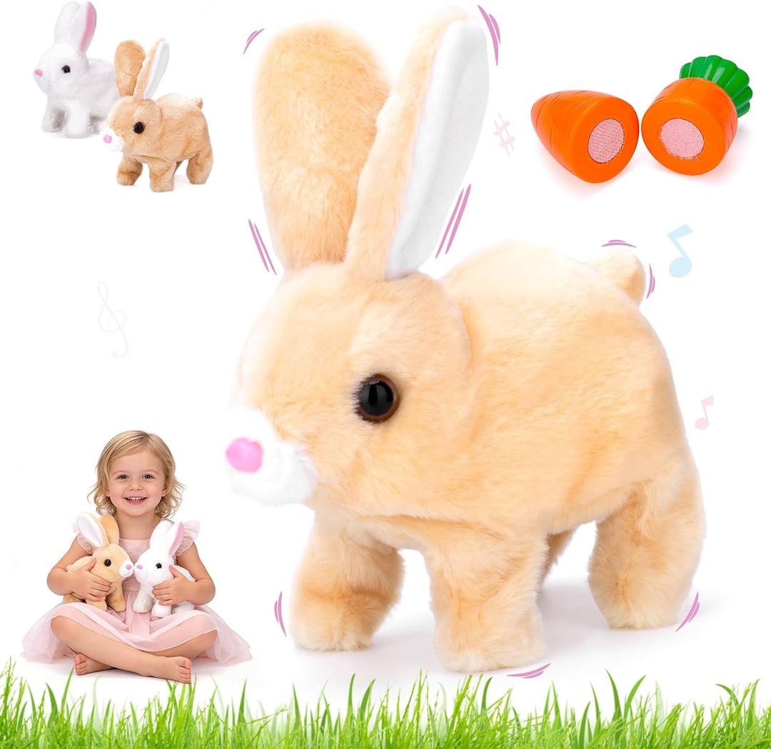 Hopping Bunny Toy, Easter Bunny Stuffed Animal Interactive Electronic Plush with Sounds and Movements, Animated Walking Wiggle Ears Twitch Nose, Easter Gifts for Kids Toddlers Boys Girls (brown)