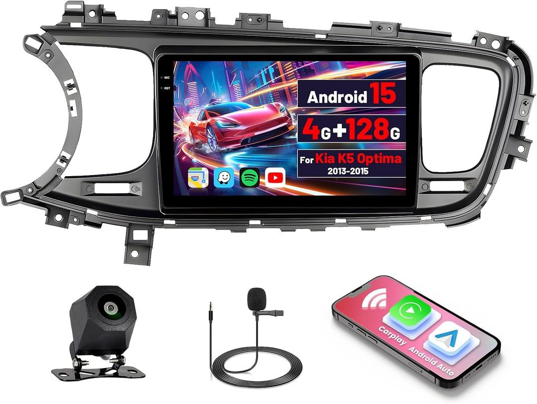 [4G+128G] Android 15 Car Stereo for Kia K5 Optima 2013-2015 with Wireless Carplay/Android Auto, 9 Inch HD Touchscreen Car Radio with GPS WiFi Bluetooth FM/RDS EQ SWC Backup Camera MIC