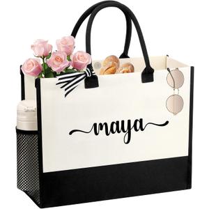 Personalized Name Tote Bag for Women, Birthday Best Friend Bridesmaid Gifts for Women Canvas Initial Tote Bags