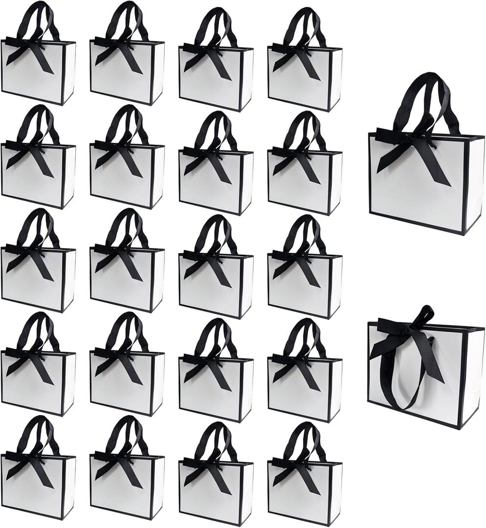 TKSBAG 100 Pack White and Black Gift Bags with Bow Handles, 6.43.15.1 In Small Thank You Bags Bulk for Birthday, Weddings, Party Favors, Valentine