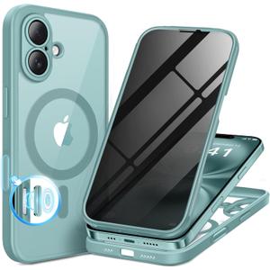 BERFY for iPhone 16 Case, Compatible with MagSafe, Built-in Privacy Screen Protector, Camera Protection, Shockproof Full Body Phone Case 6.1", Clear Green