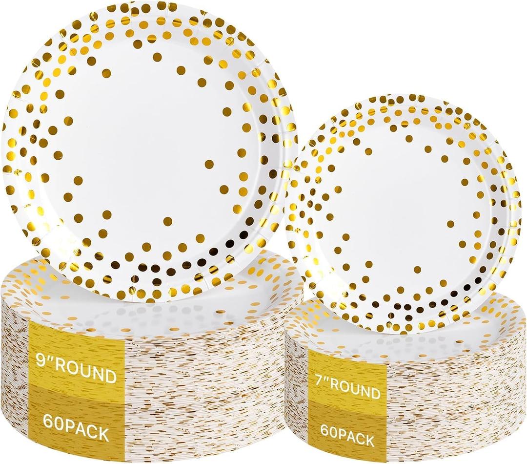 Lullaby 120PCS White Paper Plates, Disposable Gold Paper Plates, 60pcs Dinner Plates 9", 60pcs Dessert Plates 7", Party Plates with Golden Dot for Birthday, Gathering and Graduation