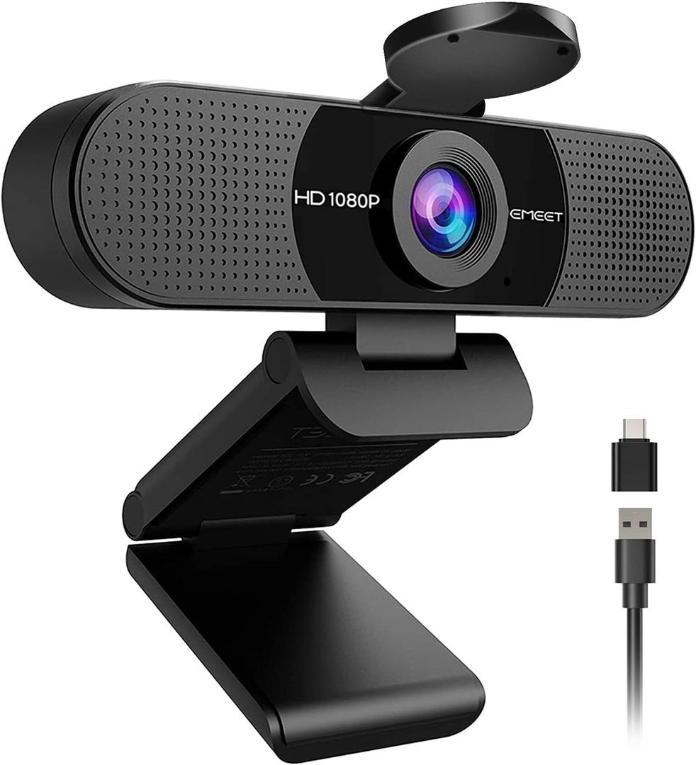 EMEET 1080P Webcam with Microphone, C960 Web Cam, 2 Mics, 90 FOV, USB Type-A & A-to-C Adapter, Plug&Play Computer Camera for Online Calling, Zoom/Teams/Facetime, Switch 2 Camera Support, 2025 Version