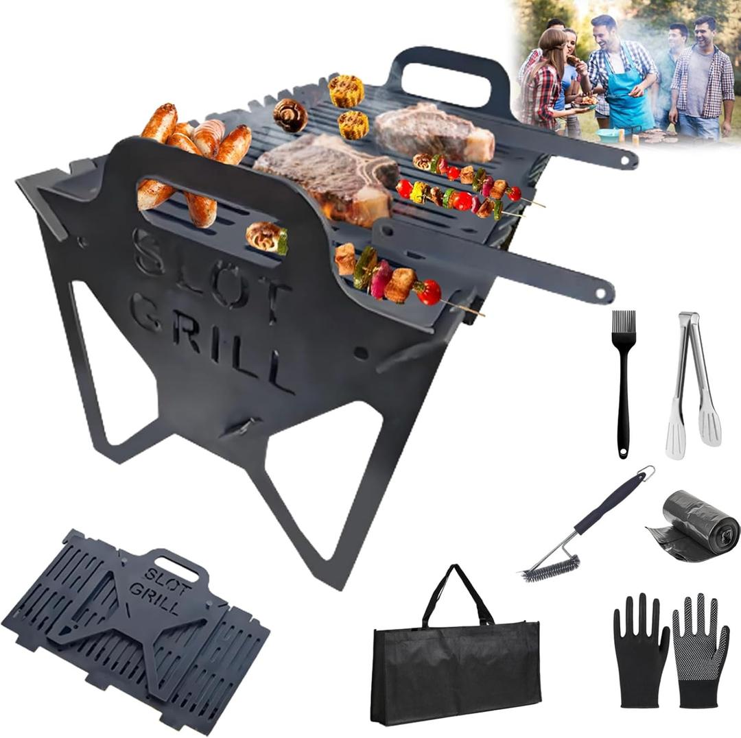 Slot Grill - Collapsible BBQ Grill for Easy Storage Steel, Slots Grills Collapsibles Portable & Tool-Free Setup, Stainless Steel Slots Grills BBQ Collapsibles for Camping, Tailgating, Outdoor Cooking