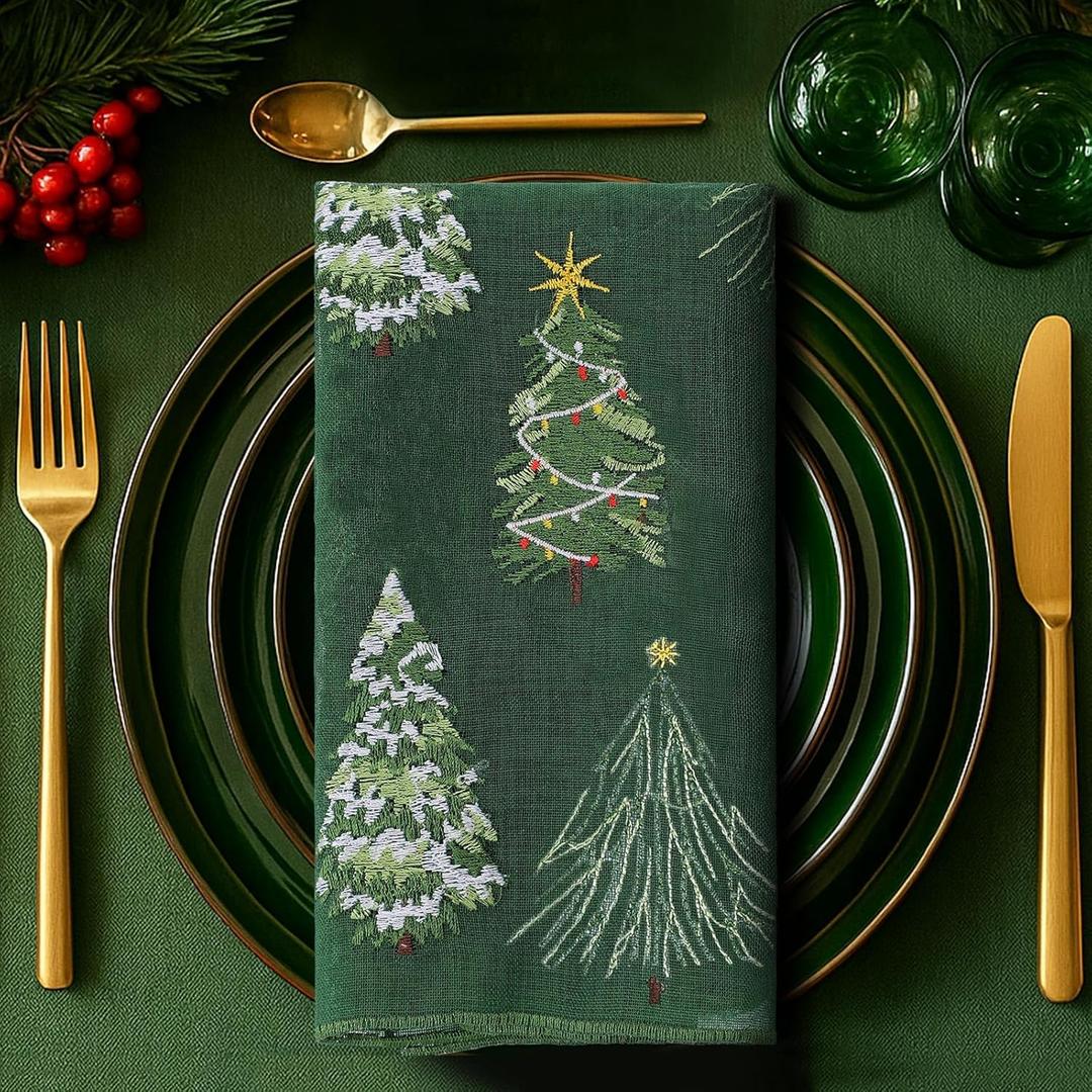 Breling 4 Pcs Embroidery Christmas Tree Tulle Napkins 17.7 inch Xmas Tree Gauze Green Cheesecloth Napkins Farmhouse Dining Decor for Home Christmas Party Decor