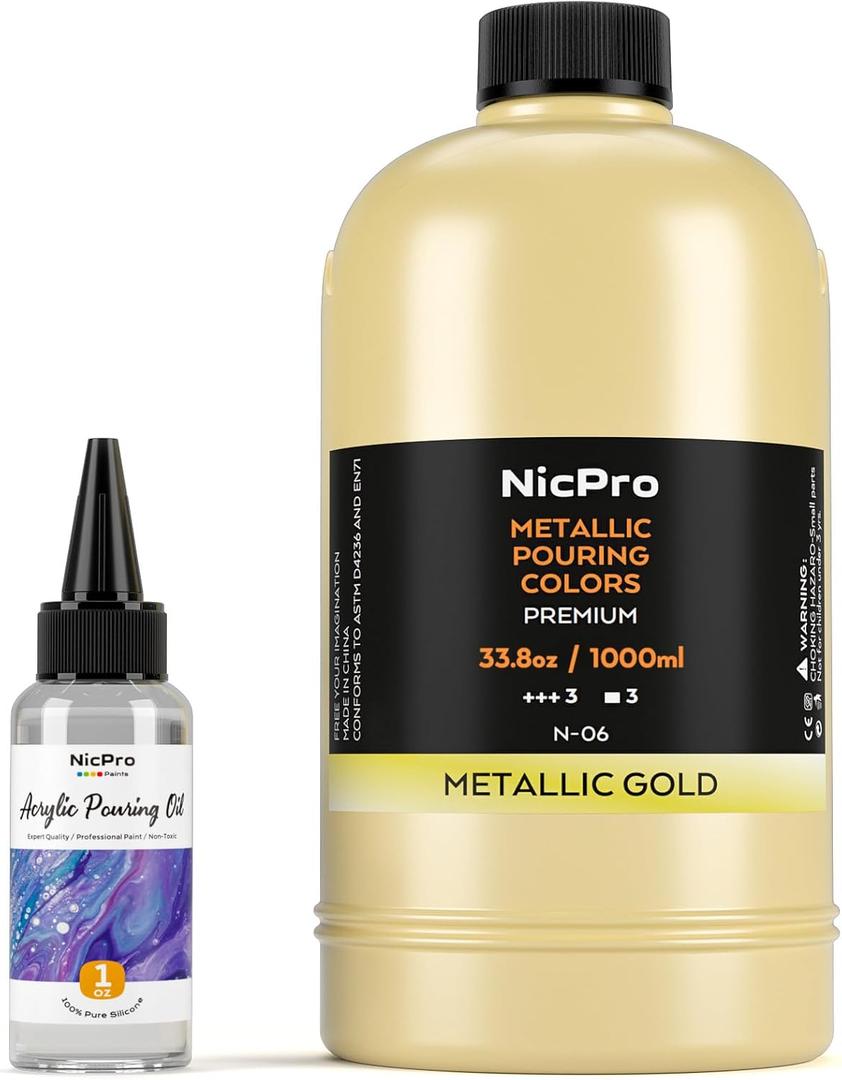 Nicpro Gold Metallic Acrylic Pour Paint, 33.8 Ounce Pre-Mixed Pouring Paint Supplies with Silicone Pour Oil & Gloves for Canvas, Rock, Wood Cell Creation Flow DIY Art Painting, Ready to Pour