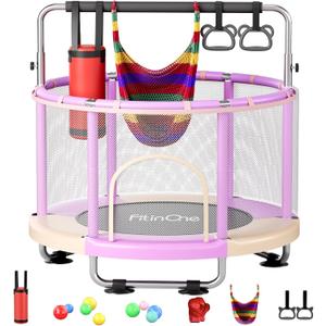 55" Toddler Mini Trampoline for Kids, Indoor Outdoor Toys with Swing, 440lbs Baby Kids Trampoline, Gymnastics Bar, Birthday Gifts for Boy Girl Age 1-8 (Pink-Purple)
