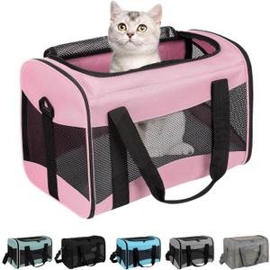 Cat Carrying Case - Pet Carrier Airline Approved, Protable and Breathable Pet Travel Carrier Removable Fleece Pad, Collapsible Cat Carrier Dog Carrier for Medium Cats Small Cats Dogs (Small, Pink) (15"L*10"W"*10'H)