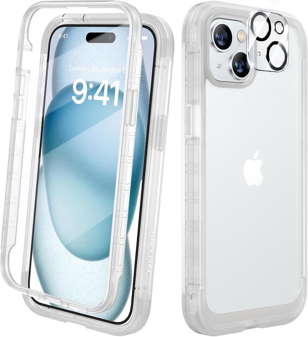Diaclara Designed for iPhone 15 Plus Case 6.7 Inch, Full Body Rugged Case with Built-in Touch Sensitive Anti-Scratch Screen Protector + Glass Camera Lens Protector for iPhone 15 Plus,Frosted Clear