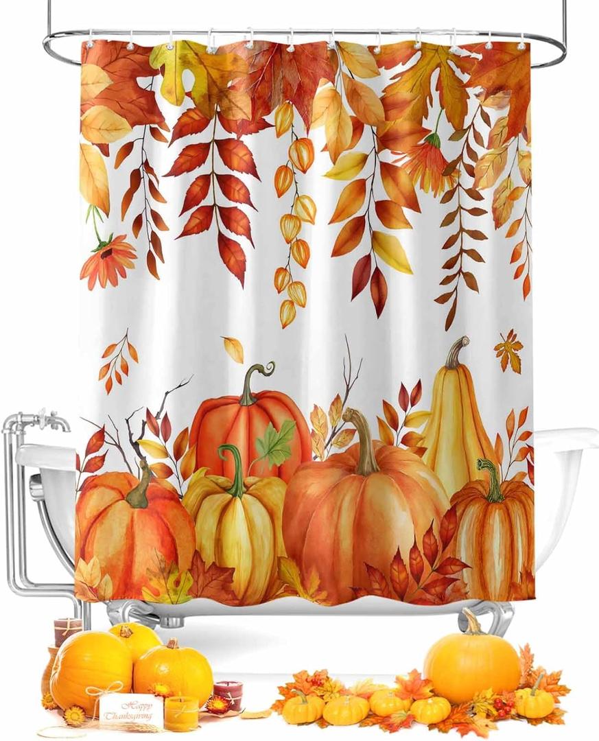 Fall Pumpkins Maple Leaf Shower Curtain Orange Autumn Leaves Harvest Waterproof Shower Curtain with Hooks Thanksgiving Farmhouse Shower Curtains for Bathroom, Hotel, Stalls, Bathtubs, 72x72 Inch