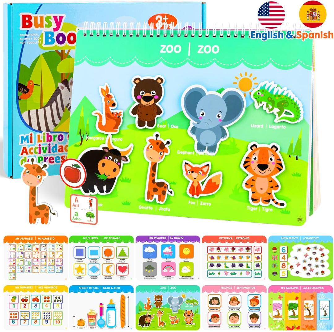 Spanish & English Bilingual Montessori Book for Toddlers 2-4 3-5, Pre-Assembled Reusable Sticker Activities Toy for Kids to Learn Spanish - Speech Therapy Travel Girls Boys Gifts - Juguetes Para Nias (White-green Packaging Gift Box)