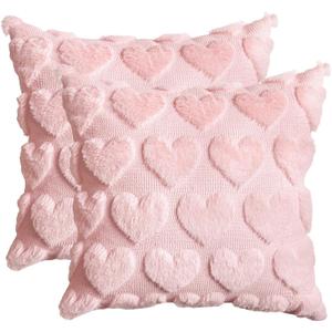 AVOIN colorlife Valentine's Day Love Heart Pink Throw Pillow Covers Set of 2, 18 x 18 Inch Anniversary Wedding Home Decor Soft Plush Faux Fur Jacquard Cushion Case for Sofa Couch