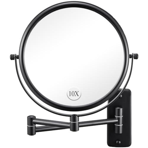 Wall Mounted Makeup Mirror - 1X/10X Magnifying Mirror for Wall, 8 Inch Double Sided 360° Swivel Extendable Bathroom Mirror for Shaving, Black