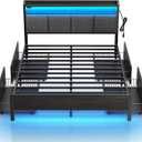 Rolanstar Bed Frame Full Size with Charging Station and LED Lights, Upholstered Storage Headboard with Drawers, Heavy Duty Metal Slats, No Box Spring Needed, Noise Free, Easy Assembly, Dark Grey