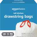 Amazon Basics Tall Kitchen Drawstring Trash Bags, Sturdy and Tear Resistant, 13 Gallon, Unscented, 120 Count