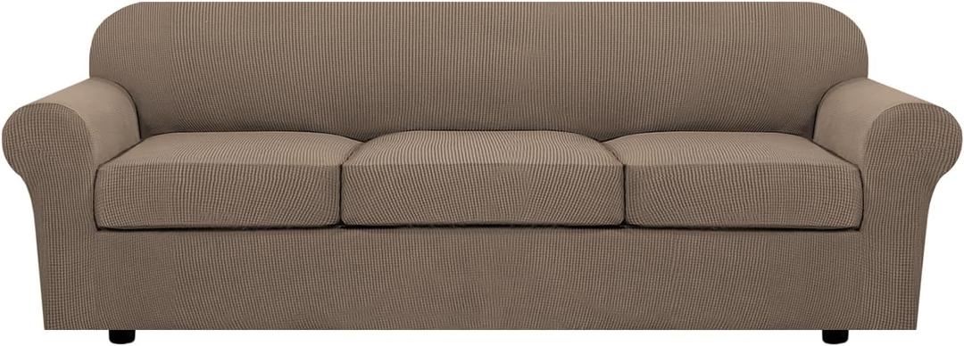 H.VERSAILTEX 4 Piece Stretch Sofa Covers for 3 Cushion Couch Covers for Living Room Furniture Slipcovers (Base Cover Plus 3 Seat Cushion Covers) Thicker Jacquard Fabric (Large Sofa, Macchiato)