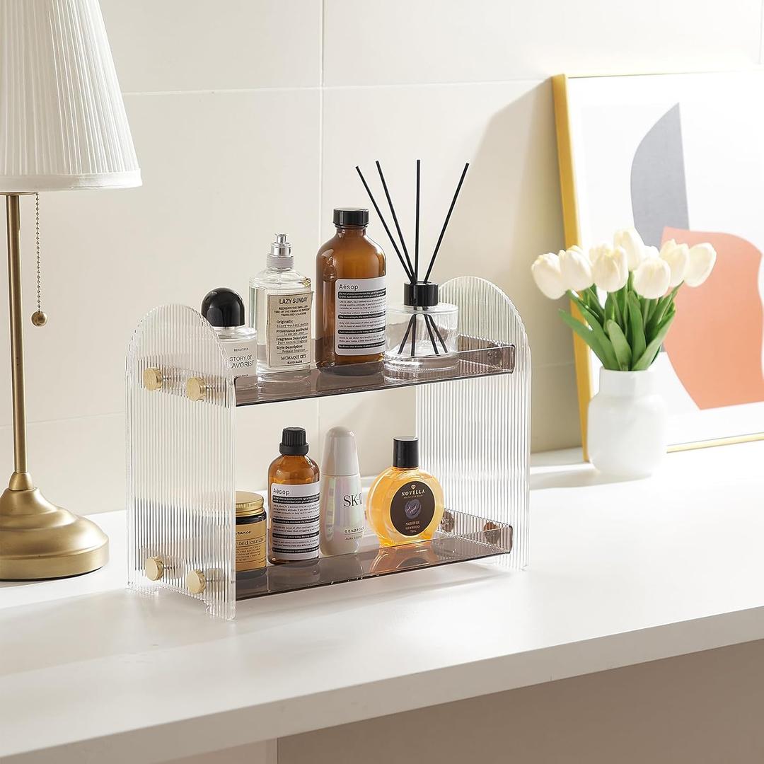 SHUNLI Acrylic Bathroom Countertop Organizer, 2 Tier Counter Organizer Storage Shelf, Bathroom Organizers Cosmetic Holder (Transparent Black)