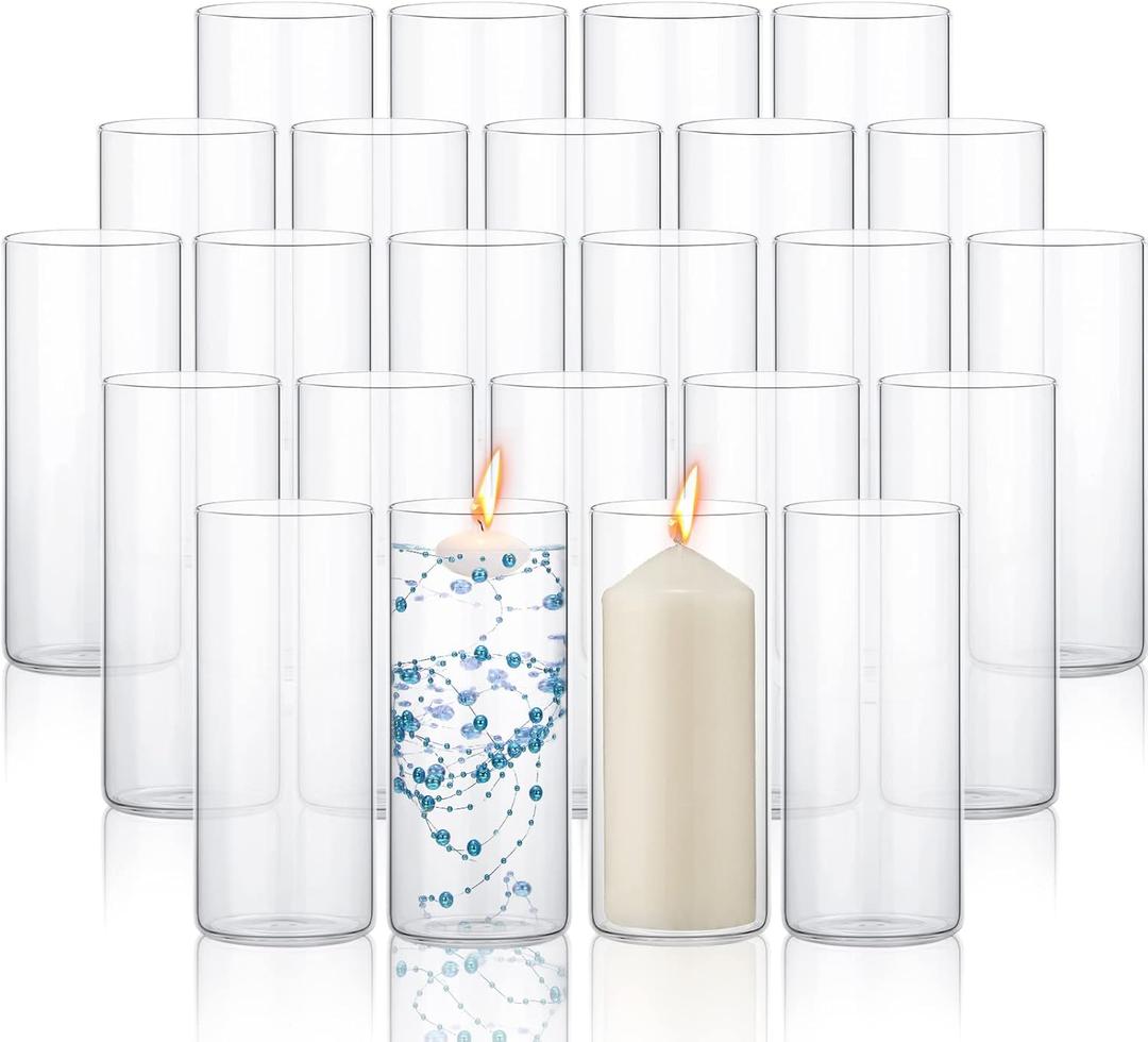 Irenare 24 Pcs Glass Cylinder Vases Bulk Hurricane Candle Holder Floating Candle Holders Clear Glass Table Vases for Wedding Home Formal Dinners Decorations(8 x 3.35 Inch)