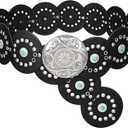 XZQTIVE Western PU Leather Belts for Woman Concho Cowgirl Cowboy Disc Belt for Ladies Wide Boho Country Waist Belts for Dress (Fit waist size up to 51''(no hang length), Black (silver Buckle))