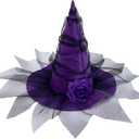 Halloween Witch Hat Purple Witches Hats with Veil and Rose Women Wizard Hat Costume Accessories for Halloween Cosplay Party