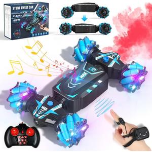 Axirata Remote Control Car Hand Controlled Gesture RC Stunt Car with Spray & Lights & Music for Kids 6-13 Year Old, 4WD 2.4GHz Off-Road 360 Rotation Toy Car Gift for Boys Girls (Black-blue)