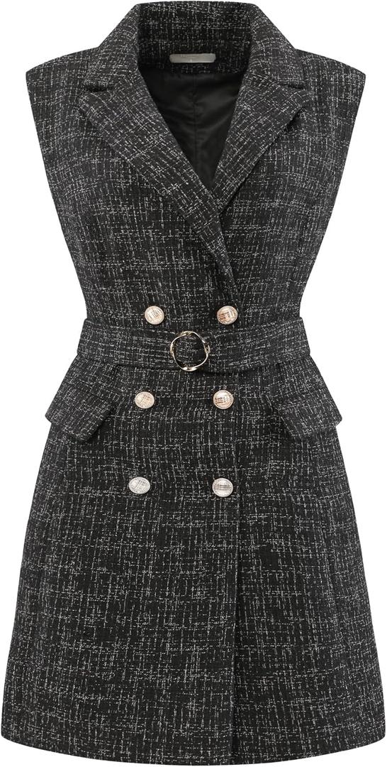 Women's Sleeveless Tweed Dress Collared Belted Button Down Work Blazer Dresses (Medium, Black)