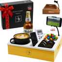 Couch Caddy with Cup Holder | Bamboo Couch Cup Holder Tray for Drinks, Snacks & Remotes | Couch Tray for Bed, Car Seat & Beach Organizer (White)