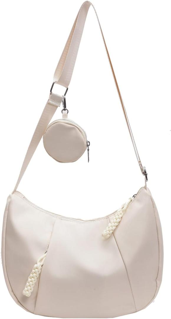 Crescent Shoulder Bag for Women Nylon Crossbody Purses Trendy Hobo Bags Medium Sling Bag Travel Slouchy Dumpling Bag (Off-white)
