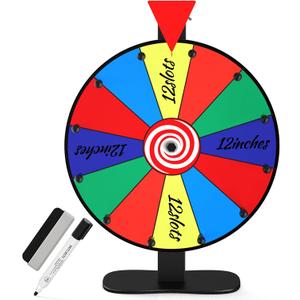 12-Inch Color Prize Wheel, 12 Slot Editable Spinning Wheel with Dry Erase Board & Marker for Parties, Carnivals, Tradeshow Booths, Classroom Games