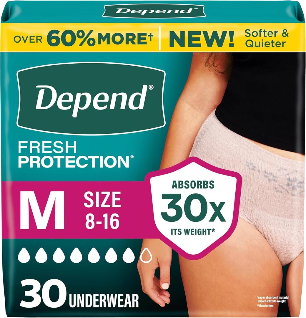 Depend Fresh Protection Adult Diapers, Incontinence Underwear for Women, Disposable, Maximum, Medium, Blush, 30 Count