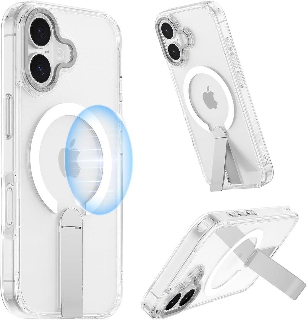 for iPhone 17 Case with Stand, TPU Camera Covered Control, Military-Grade Shockproof Protection, Magnetic Adjustable Kickstand Phone Case for iPhone 17, Compatible with MagSafe Accessories, Clear