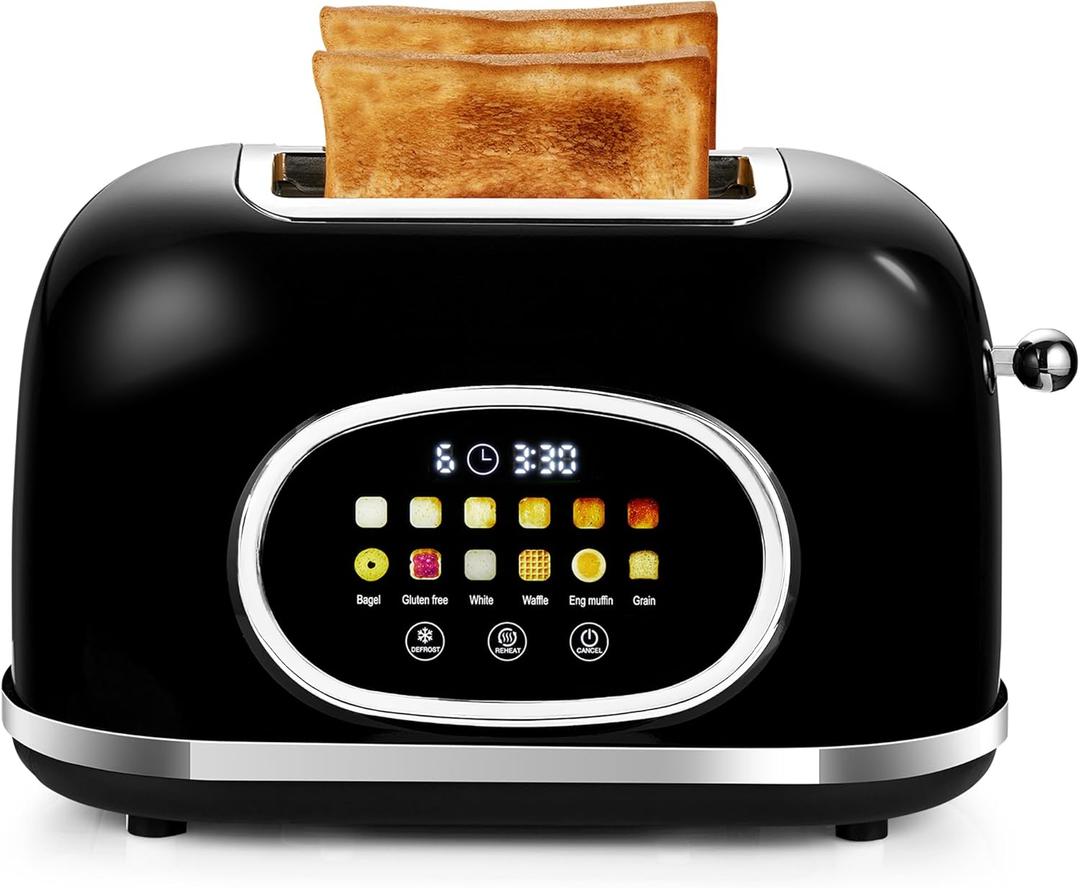Roter Mond 2 Slice Toaster Smart Touch Screen, Retro Stainless Steel Bread Toaster with Digital Timer, Sleep Mode, Bagel, Cancel, and Defrost Functions, 6 Bread Types and Shade Settings, Gold