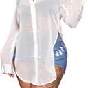 EDITCOZY Women's Sheer Cover Ups Button Up Blouse Sexy Long Sleeve Slit Hem Mesh See Through Shirts Tops (Medium, White)