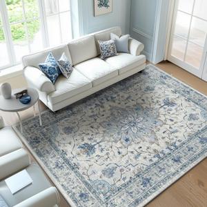 Area Rugs 6'x9' Washable Non-Slip, Floral Vintage Distress Print Pattern Medallion Carpet for Living Room Bedroom Dining Room, Light Blue Navy Beige Gray White