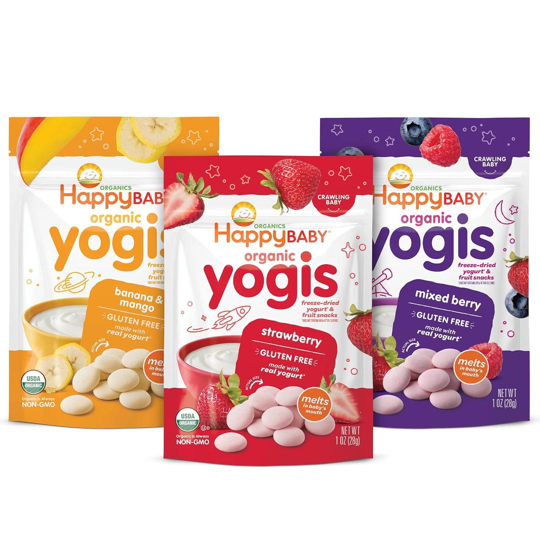 Happy Baby Organics Yogis Freeze-Dried Yogurt & Fruit Snacks, 3 Flavor Variety Pack, 1 Ounce (Pack of 3) (EXP 12/31/26)