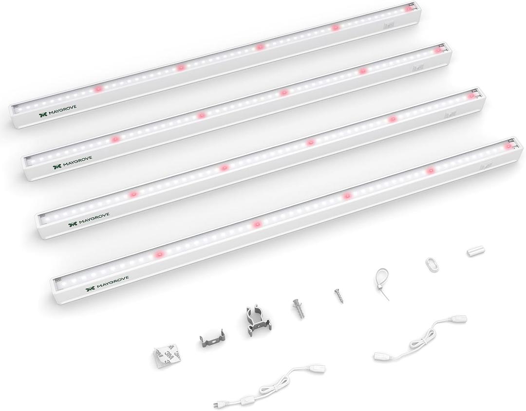 Maygrove T5 Grow Lights for Indoor Plants 2FT, Red-Enhanced Full Spectrum 5000K Grow Light, 60W(4 x 15W), Grow Light Strips for Seed Starting, Greenhouse, High PPFD, Linkable, White, 4-Pack, 2ft-white Cover