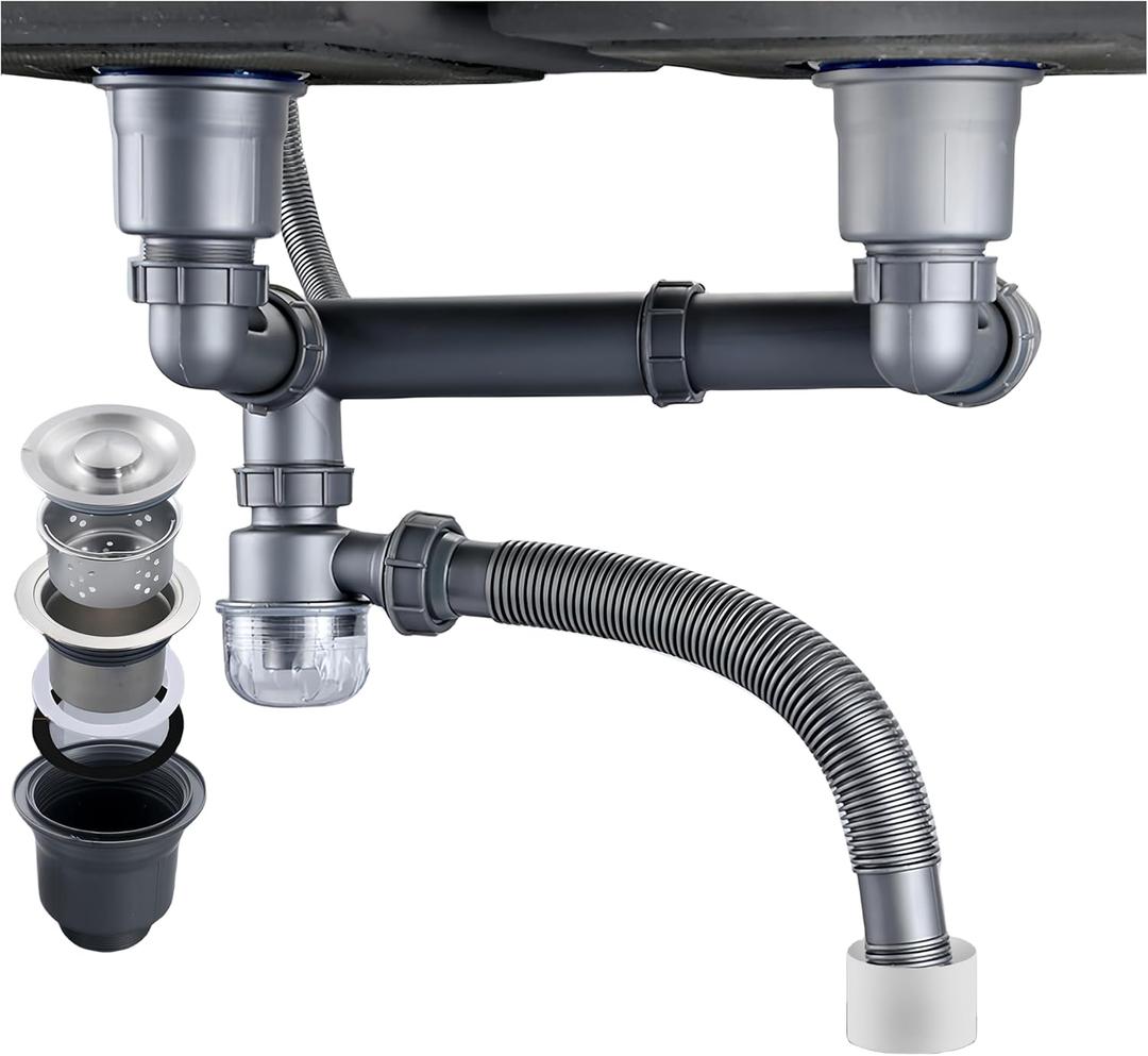 Double Sink Drain Kit Space Saving Kitchen Sink Drain Kit Expandable Flexible 1 1/2" P-Trap Pipe 3-1/2 Inch Sink Drain Assembly Kit with 4-Way Fitting Adapter for Dishwasher (Gray)