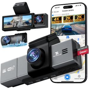 Dash Cam, 4K 3 Channel Dash Camera for Cars with App Control, 170/150/140 Wide Angle, ADAS Assist, No-Light Night Vision, GPS, G-Sensor, WDR, 24H Parking Monitor, 128GB SD Card Included