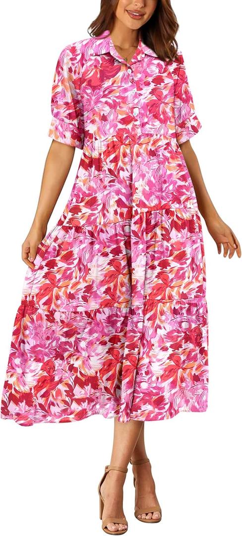PRETTYGARDEN Women's Summer Beach Maxi Dress Short Sleeve Buttons Tiered Ruffle A Line Swing Dresses (Pink, S)