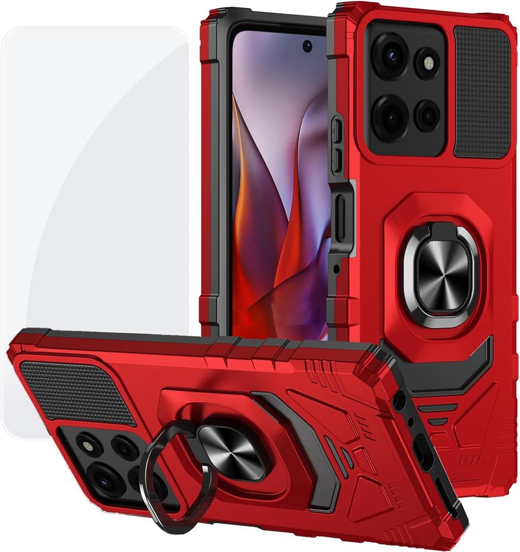 Ailiber for Motorola Moto G Power 2025 Phone Case, Moto G Power 2025 Case with Kickstand, for Magnetic Car Mount, with Screen Protector, Heavy Duty Rugged Protective Cell Phone Cover-Red