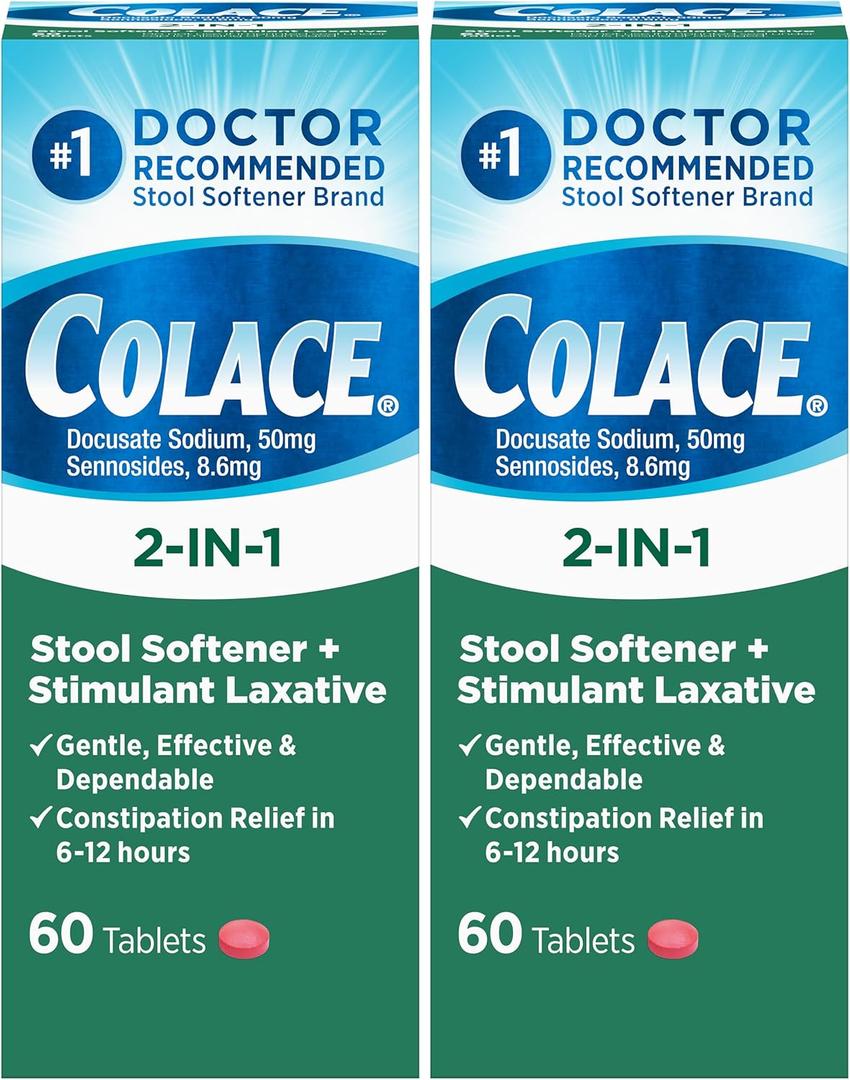 Colace 2-in-1 Stool Softener Plus Stimulant Laxative Tablets, 60 Count (Pack of 2), Gentle Constipation Relief, Docusate Sodium Plus Sennosides
