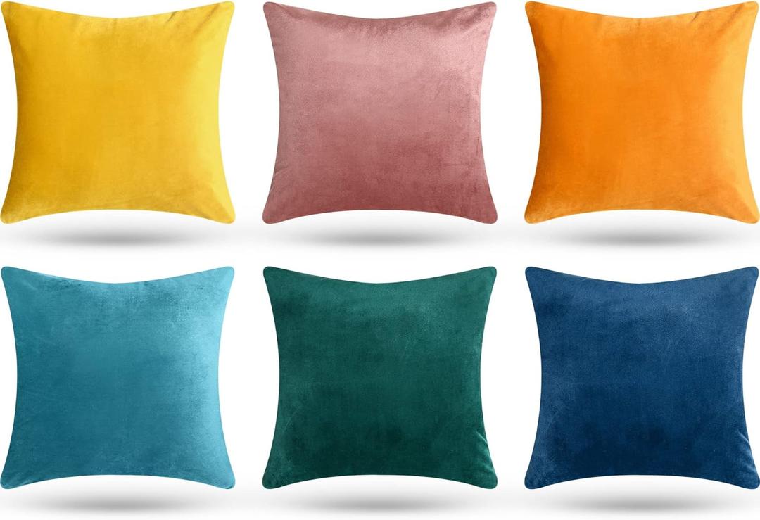 Remagr Pack of 6 Decorative Velvet Throw Pillow Covers Solid Square Soft Pillowcase Set Cushion Cases for Sofa Couch Bed Car Christmas Fall Home Decor 18 x 18 inch(Mixed Color)