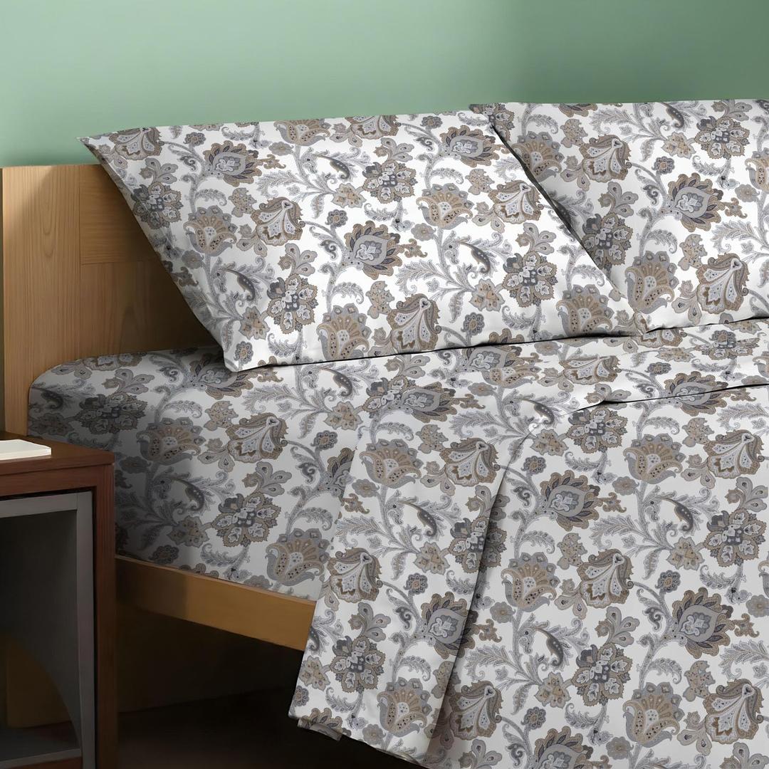 TEXAS LINEN CO. 100% Organic Cotton Printed Sheets Full Size - 4 PC Organic Cotton Percale Sheets Full Set (Floral Ivory), Cooling & Breathable Sheet, 16" Deep Pocket Hotel Bedding - GOTS Certified